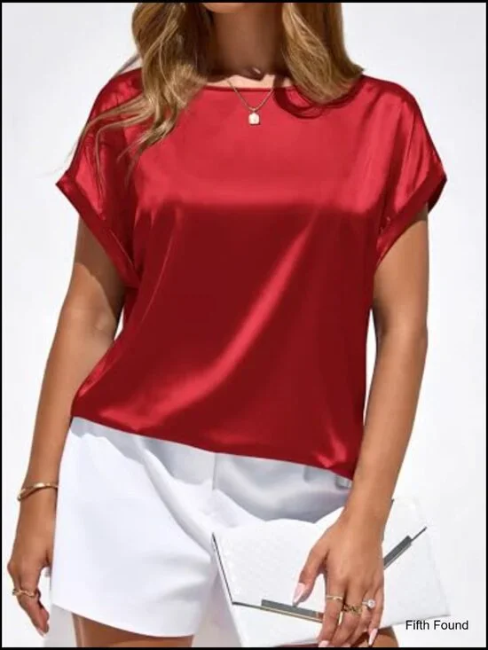 Satin Short Sleeve Blouse Crew Neck Loose Fit Business Casual Top - Picture 6 of 7
